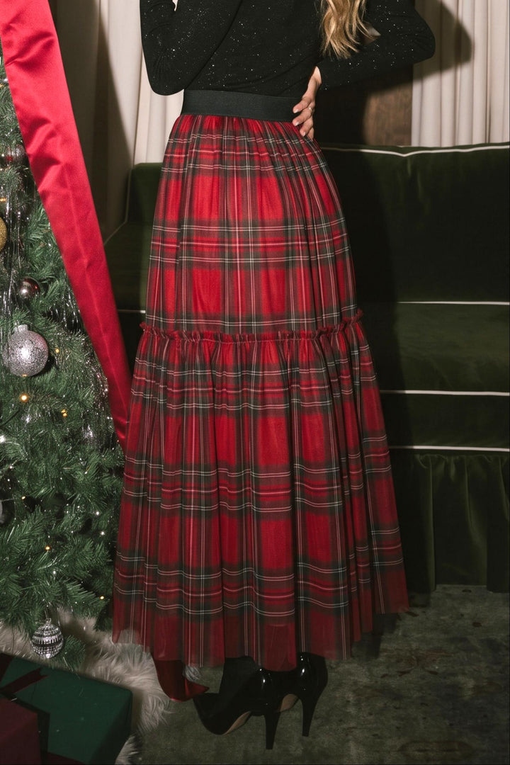 Elastic Waist Tartan Print Mesh Midi Skirt