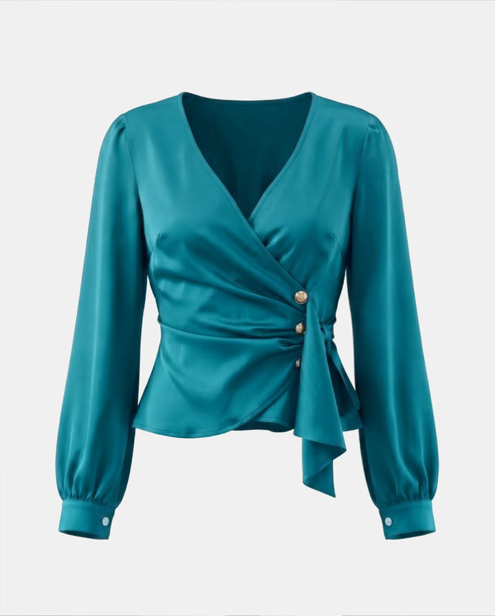 SOLACE CHICV Neck Puff Long Sleeve Ruched Peplum Blouse