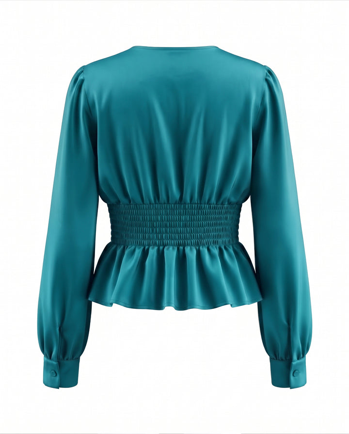 SOLACE CHICV Neck Puff Long Sleeve Ruched Peplum Blouse