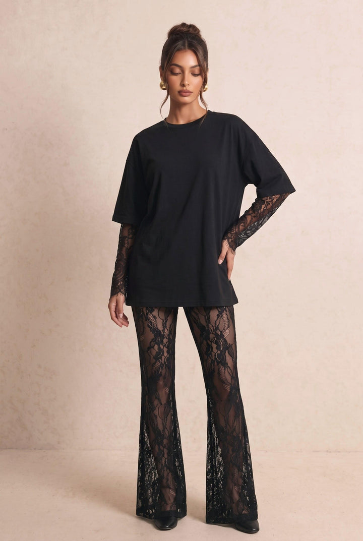 Contrast Lace Long Sleeve Loose Fit T-Shirt