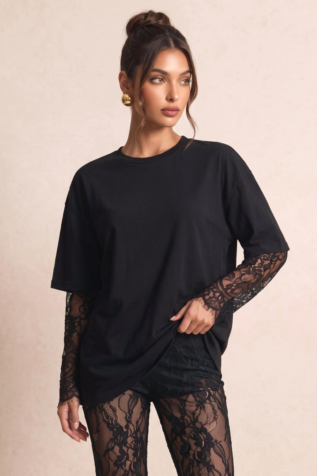 Contrast Lace Long Sleeve Loose Fit T-Shirt