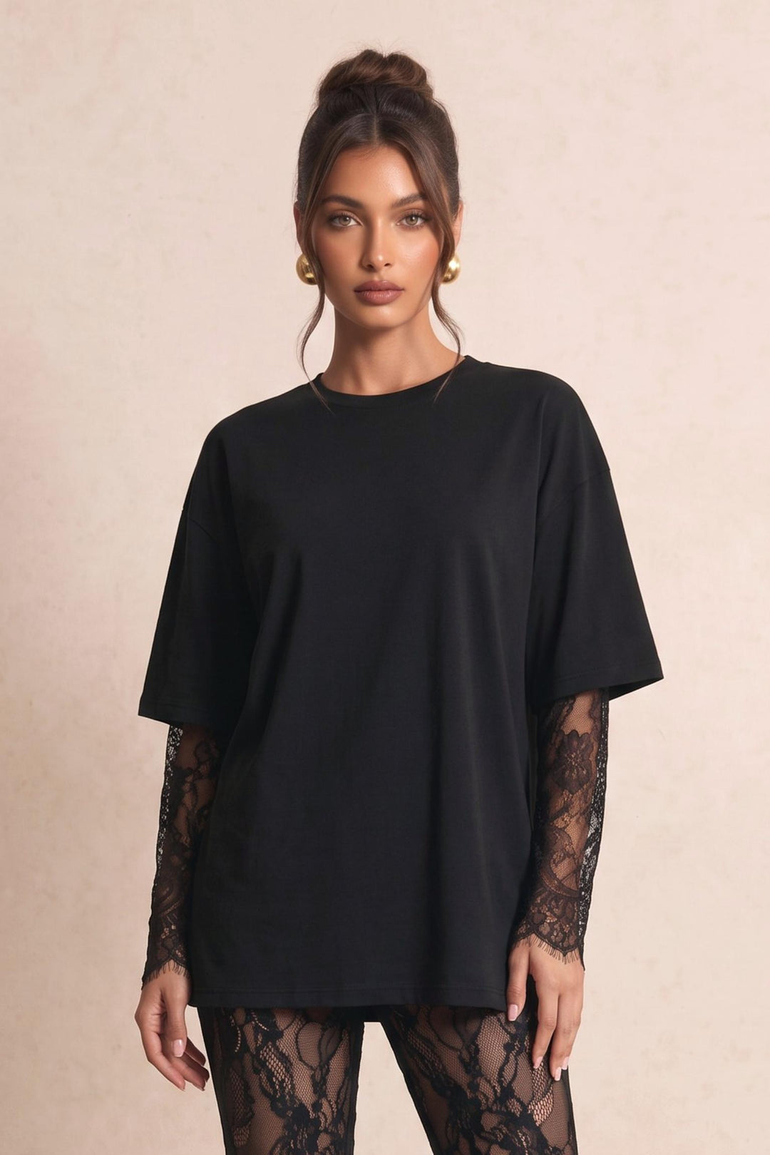 Contrast Lace Long Sleeve Loose Fit T-Shirt