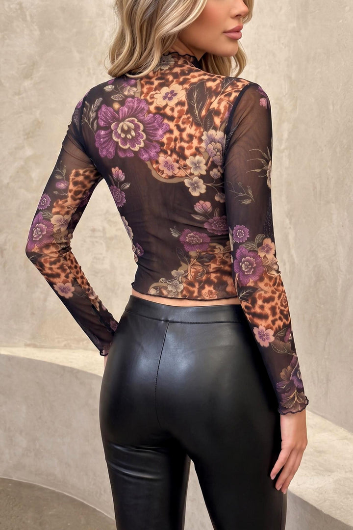 Floral Leopard Printed Sheer Mesh Long Sleeve Crop Top
