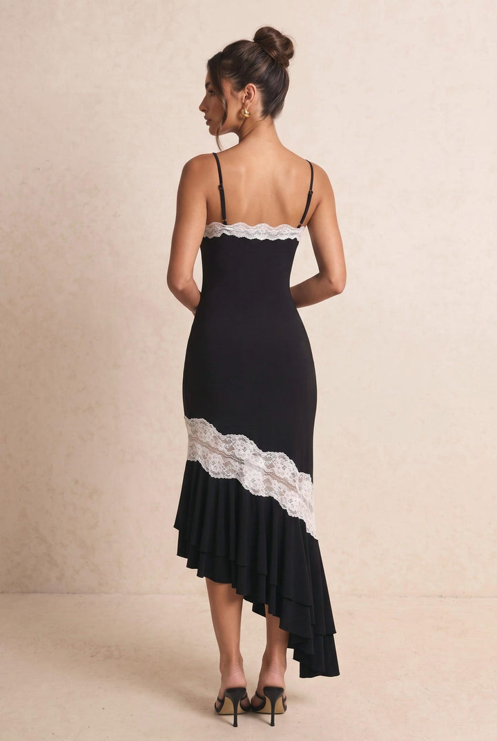 V-Neck Lace Trim Asymmetric Hem Midi Dress