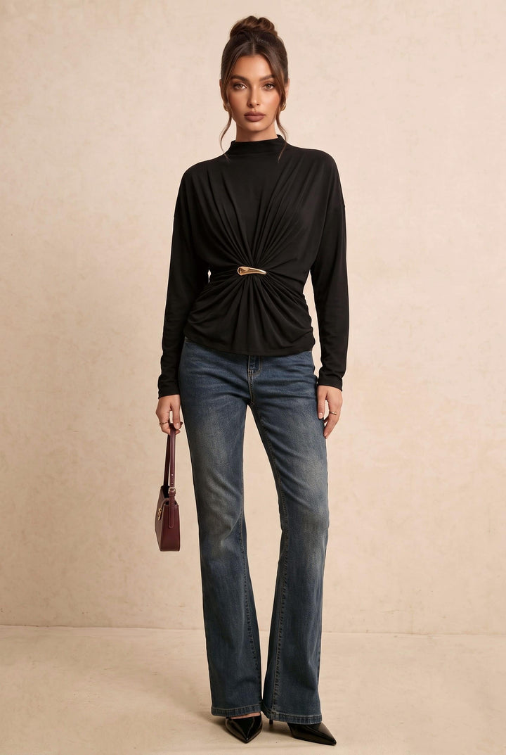 Mock Neck Gold Buckle Twist Long Sleeve T-Shirt