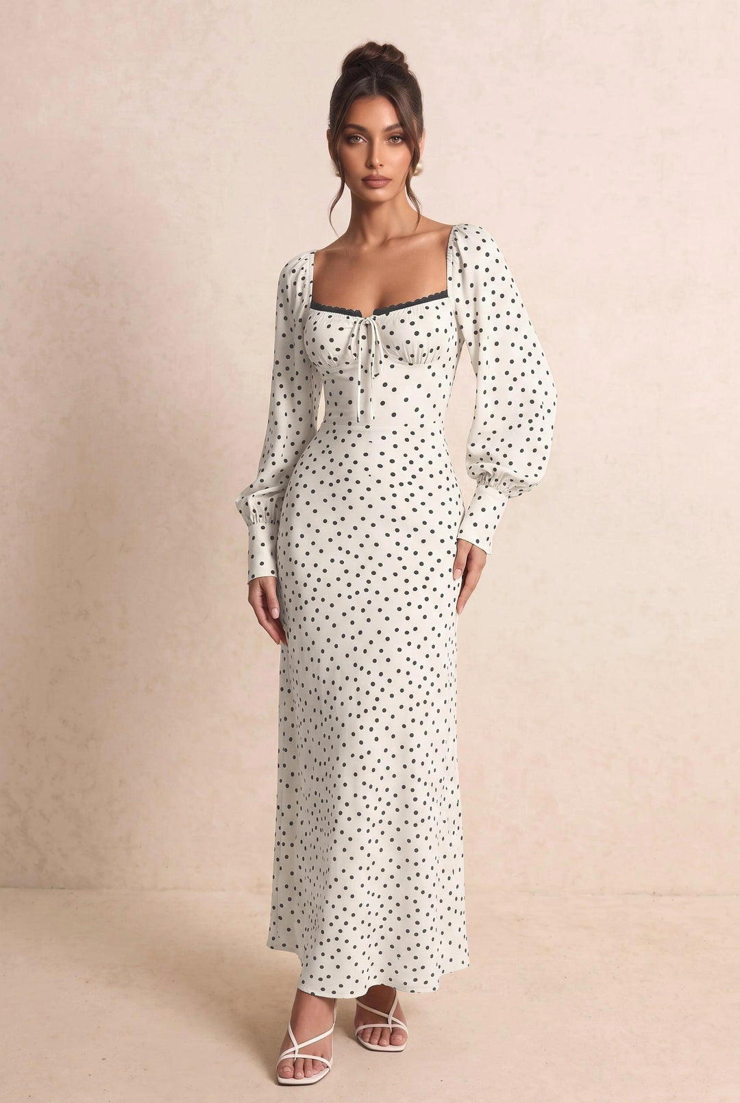 Polka Dot Square Neck Puff Sleeve Maxi Dress