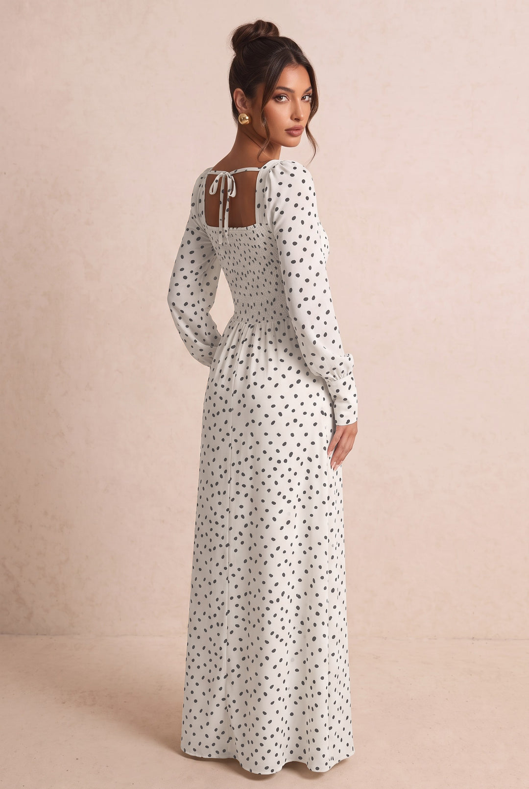 Polka Dot Square Neck Puff Sleeve Maxi Dress