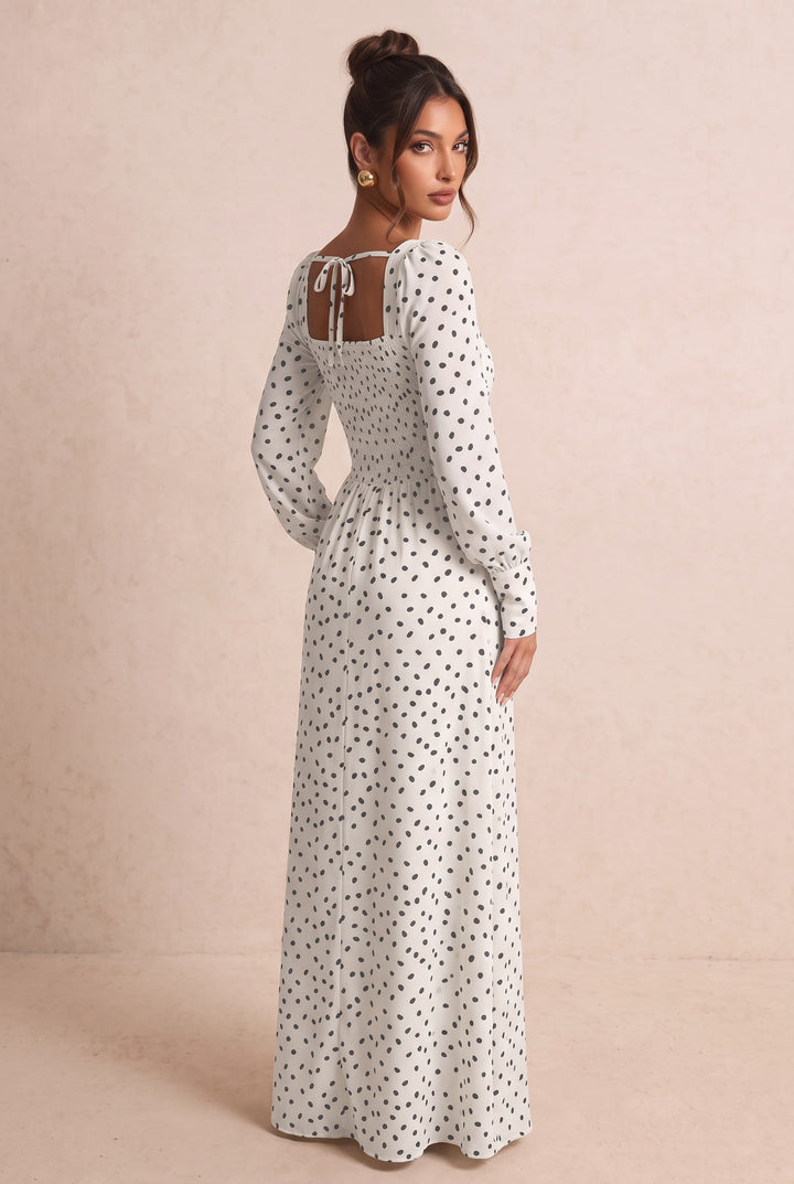 Polka Dot Square Neck Puff Sleeve Maxi Dress