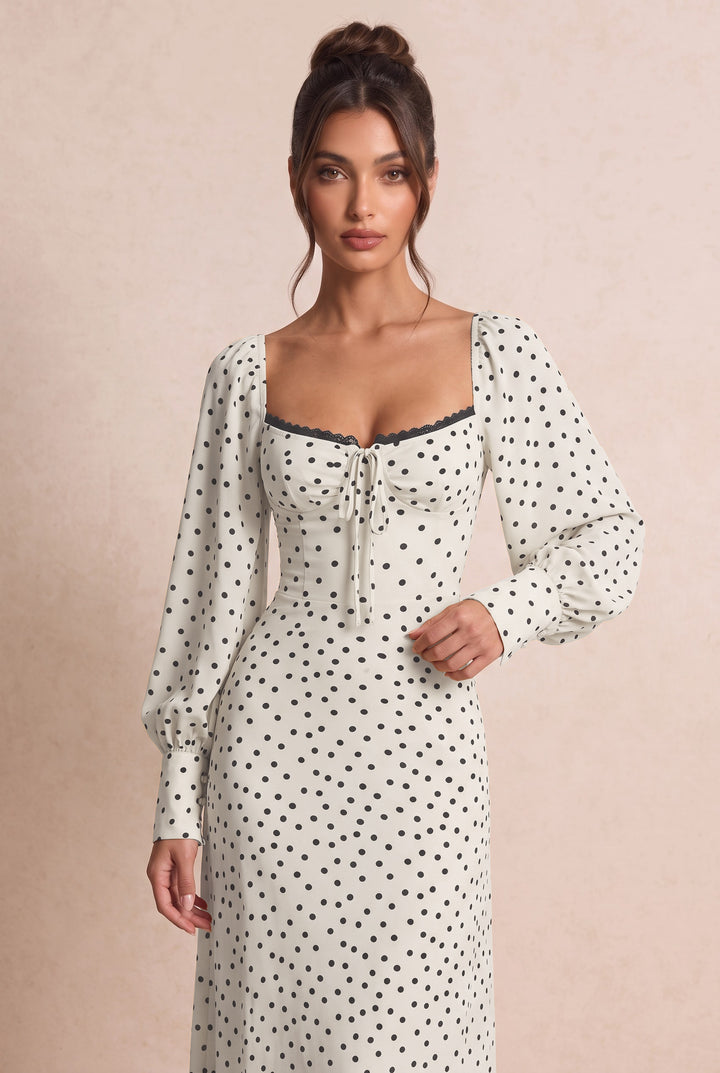 Polka Dot Square Neck Puff Sleeve Maxi Dress