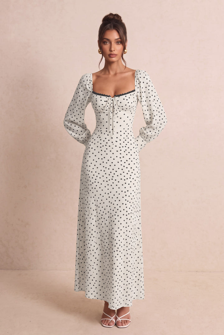 Polka Dot Square Neck Puff Sleeve Maxi Dress
