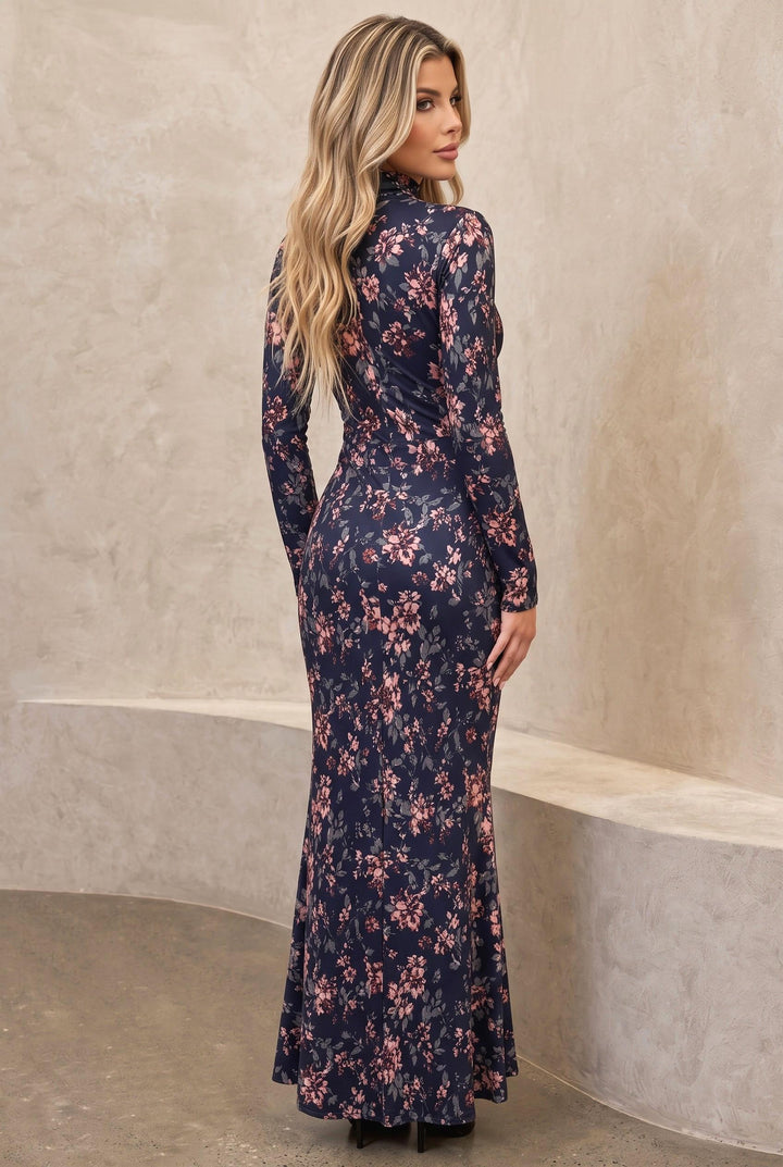 Twist Front Keyhole Cutout Floral Mesh Maxi Dress