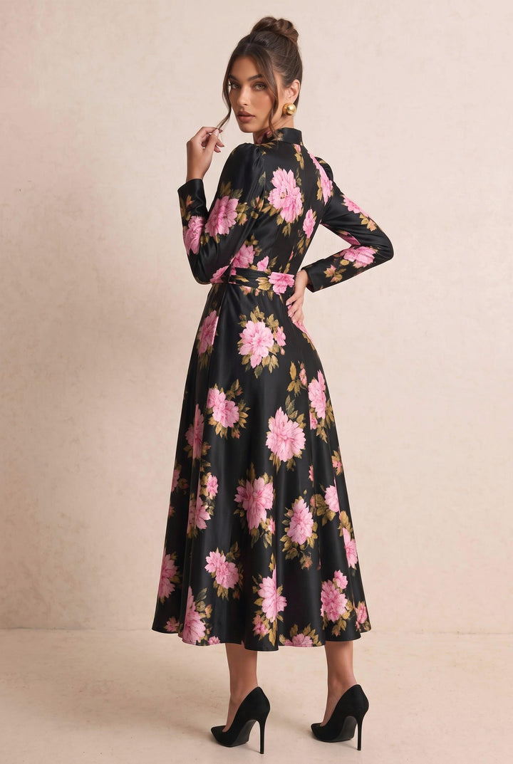 Floral Print Waist Tie Wrap Long Sleeve Midi Dress