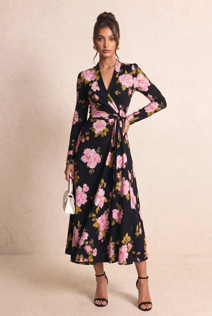 Floral Print Waist Tie Wrap Long Sleeve Midi Dress