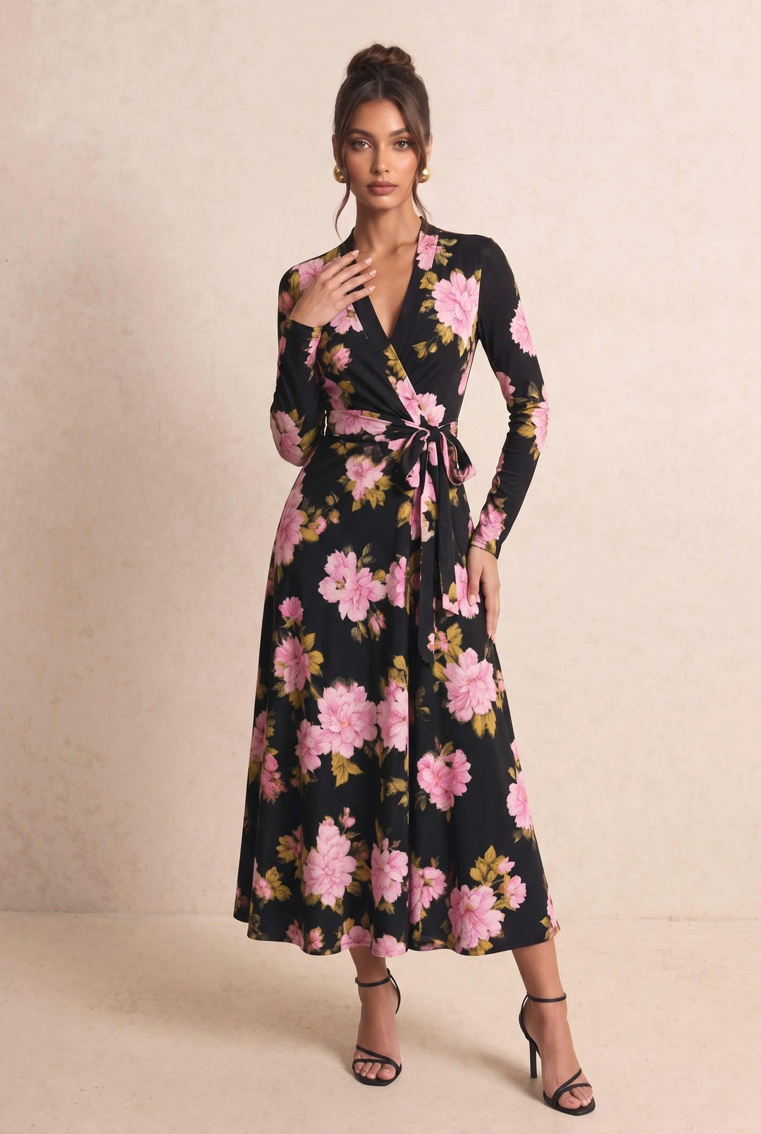 Floral Print Waist Tie Wrap Long Sleeve Midi Dress
