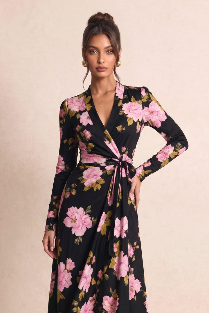 Floral Print Waist Tie Wrap Long Sleeve Midi Dress
