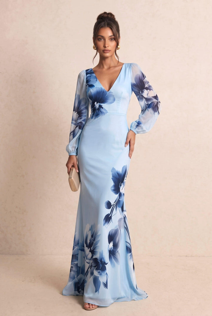 Gradient Ink Wash Floral Chiffon V-Neck Maxi Dress