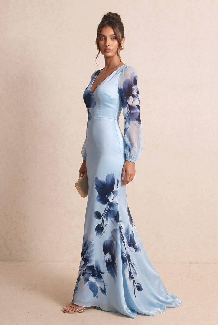 Gradient Ink Wash Floral Chiffon V-Neck Maxi Dress
