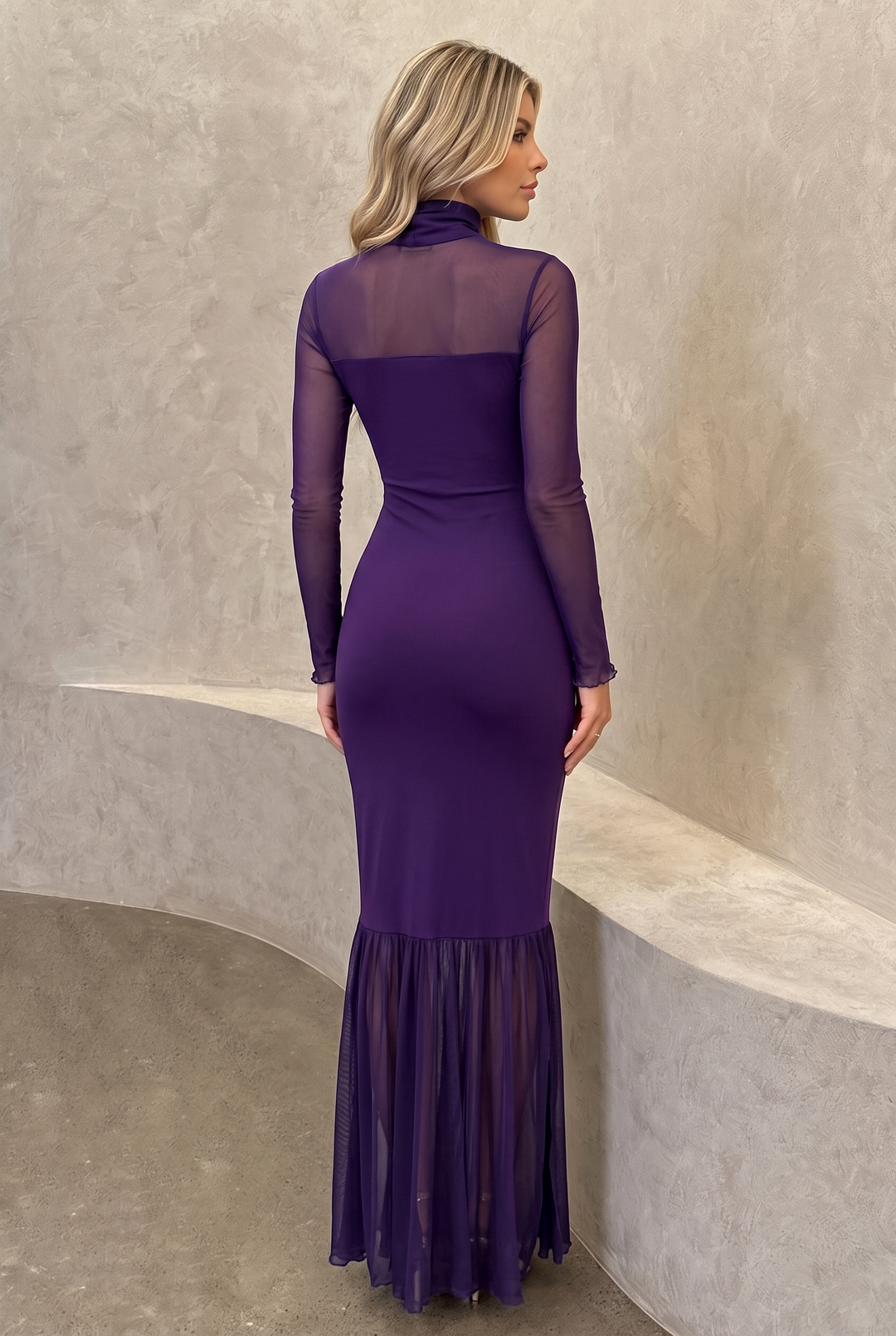 Sheer Mesh Ruched Side Slit Maxi Dress