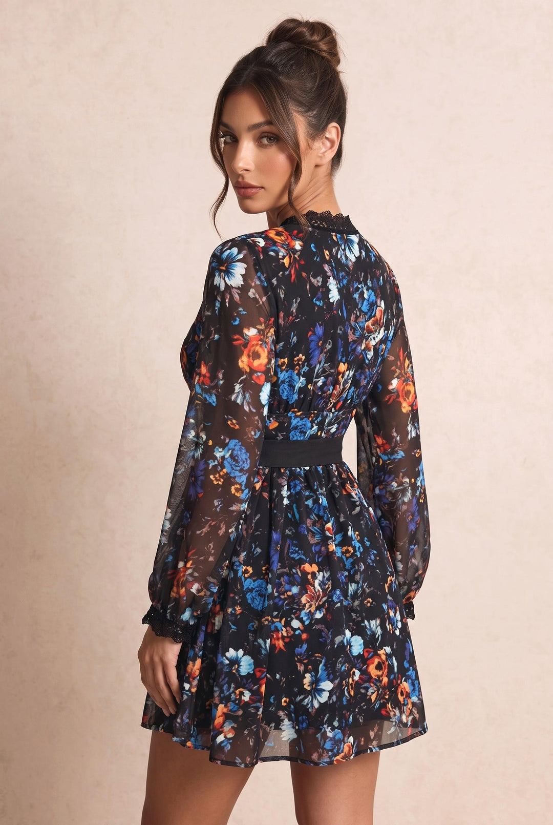 Lace Trim Waist Tie Floral Print Mesh Wrap Mini Dress