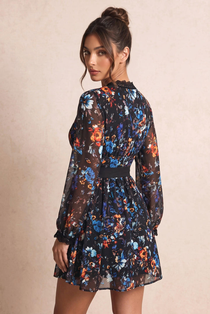 Lace Trim Waist Tie Floral Print Mesh Wrap Mini Dress