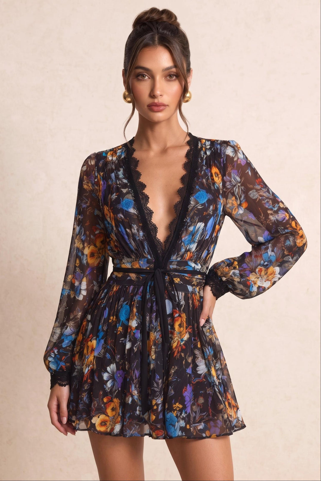 Lace Trim Waist Tie Floral Print Mesh Wrap Mini Dress