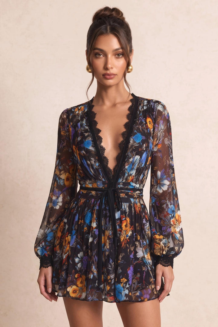 Lace Trim Waist Tie Floral Print Mesh Wrap Mini Dress