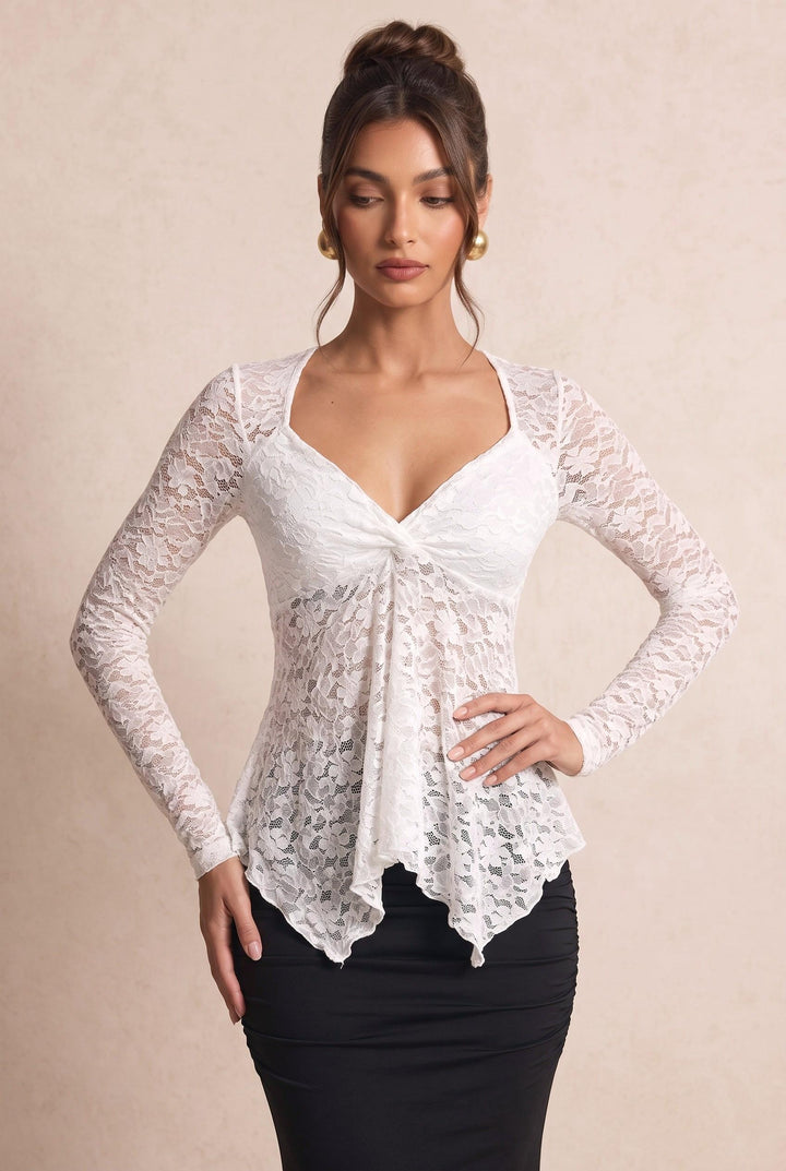 Lace V-Neck Asymmetrical Hem Long Sleeve T-Shirt