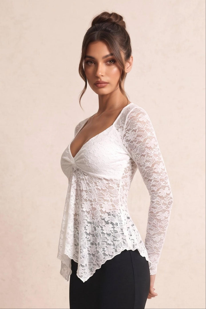 Lace V-Neck Asymmetrical Hem Long Sleeve T-Shirt