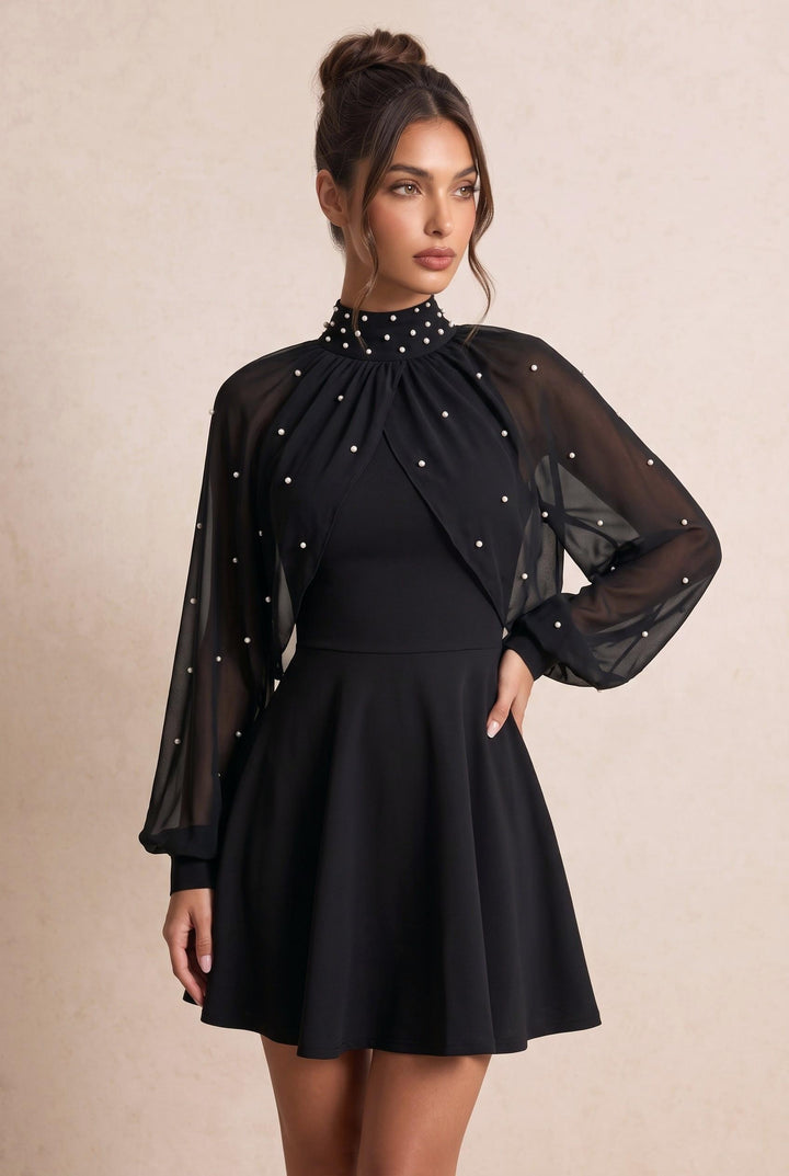 Chiffon Overlay Pearl Embellished Mini Dress