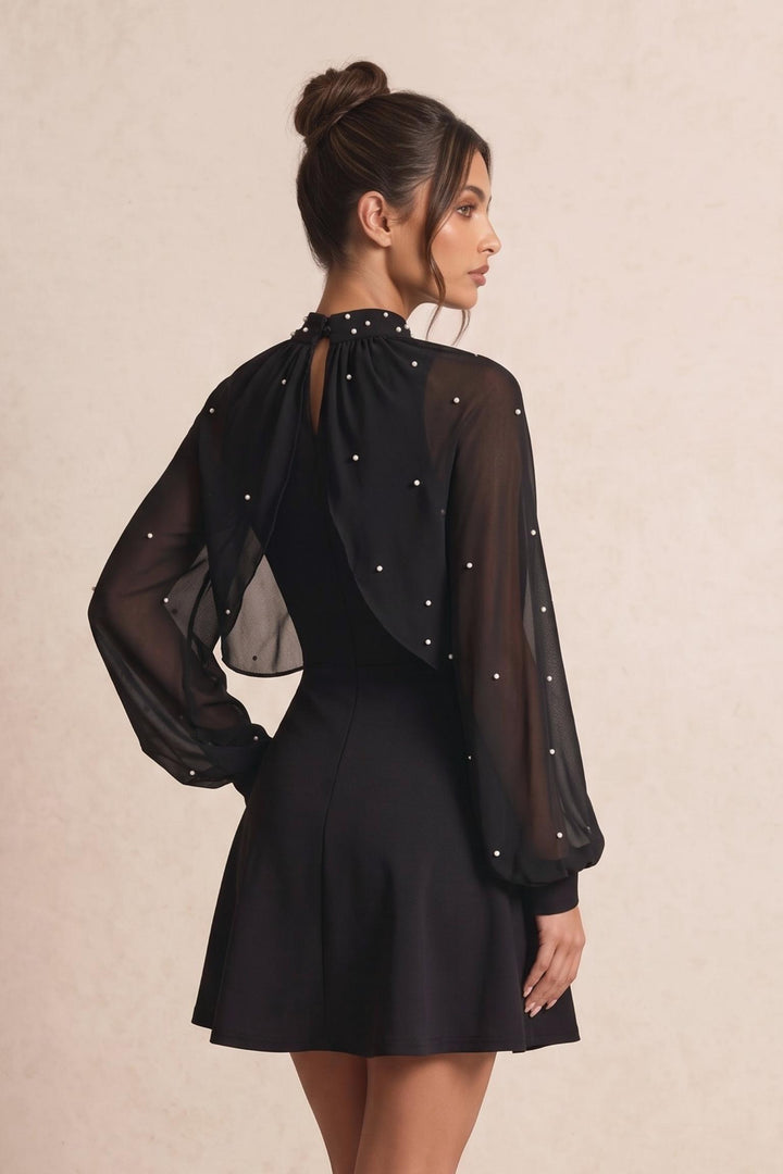 Chiffon Overlay Pearl Embellished Mini Dress