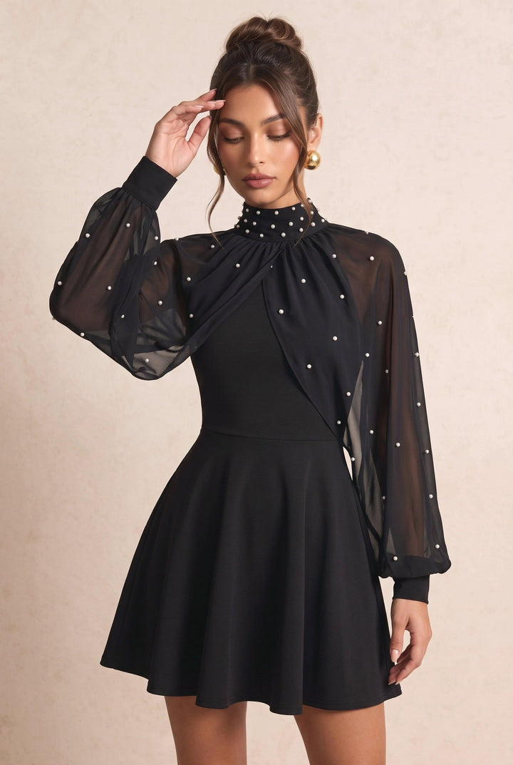Chiffon Overlay Pearl Embellished Mini Dress