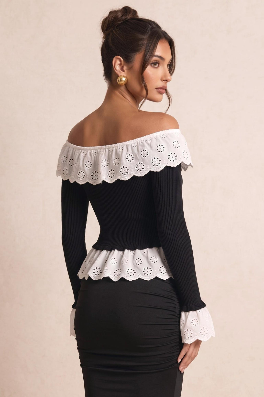 Off-Shoulder Eyelet Ruffle Trim Long Sleeve Sweater