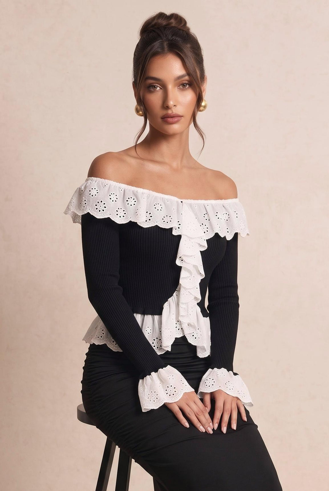 Off-Shoulder Eyelet Ruffle Trim Long Sleeve Sweater