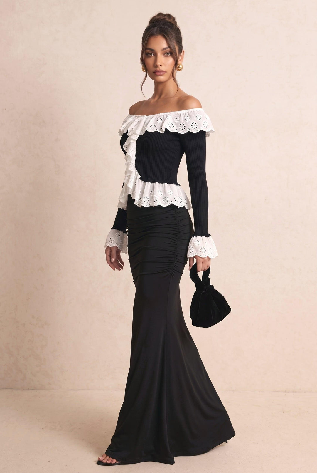 Off-Shoulder Eyelet Ruffle Trim Long Sleeve Sweater