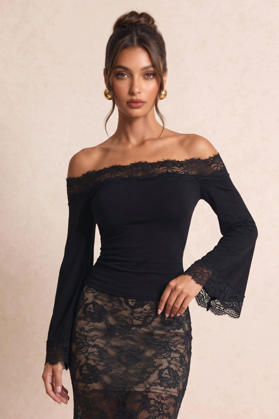 Off-Shoulder Lace Trim Flare Sleeve T-Shirt