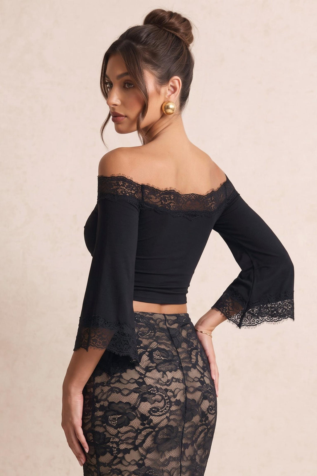 Off-Shoulder Lace Trim Flare Sleeve T-Shirt