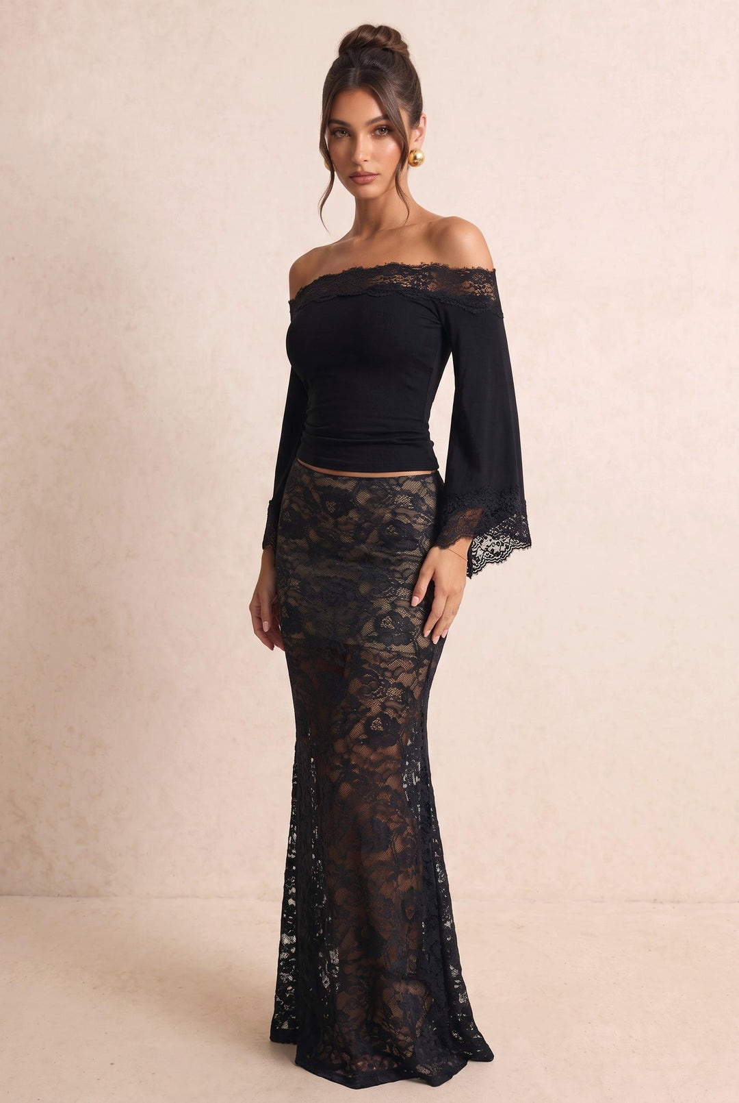 Off-Shoulder Lace Trim Flare Sleeve T-Shirt