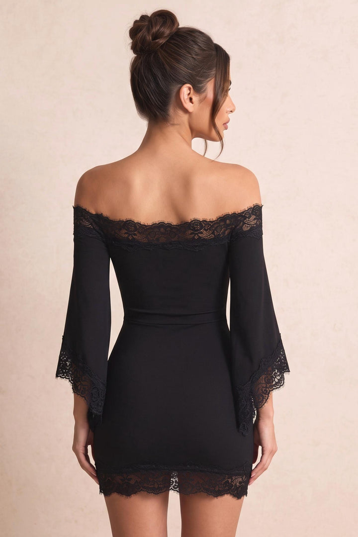 Off-Shoulder Lace Trim Flare Long Sleeve Bodycon Mini Dress