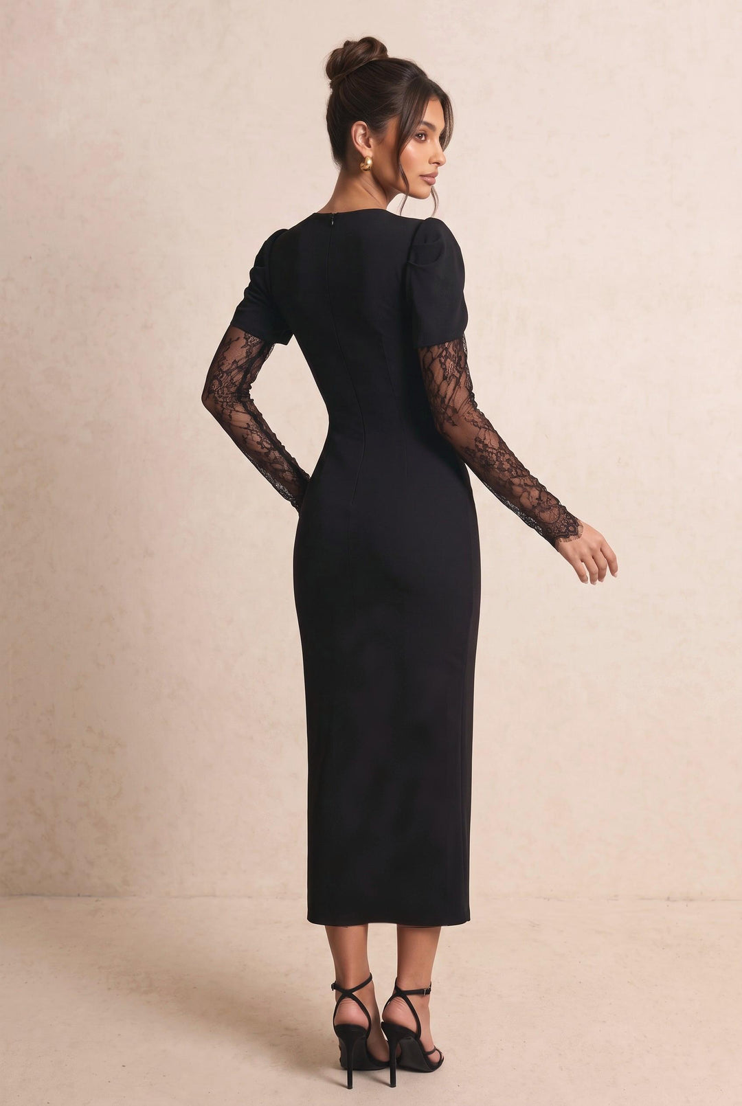 Deep V Sheer Lace Sleeve Front Slit Midi Dress