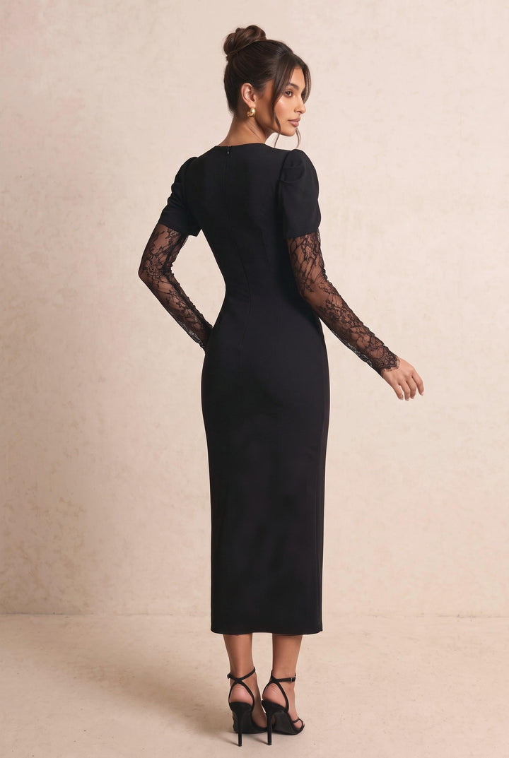 Deep V Sheer Lace Sleeve Front Slit Midi Dress