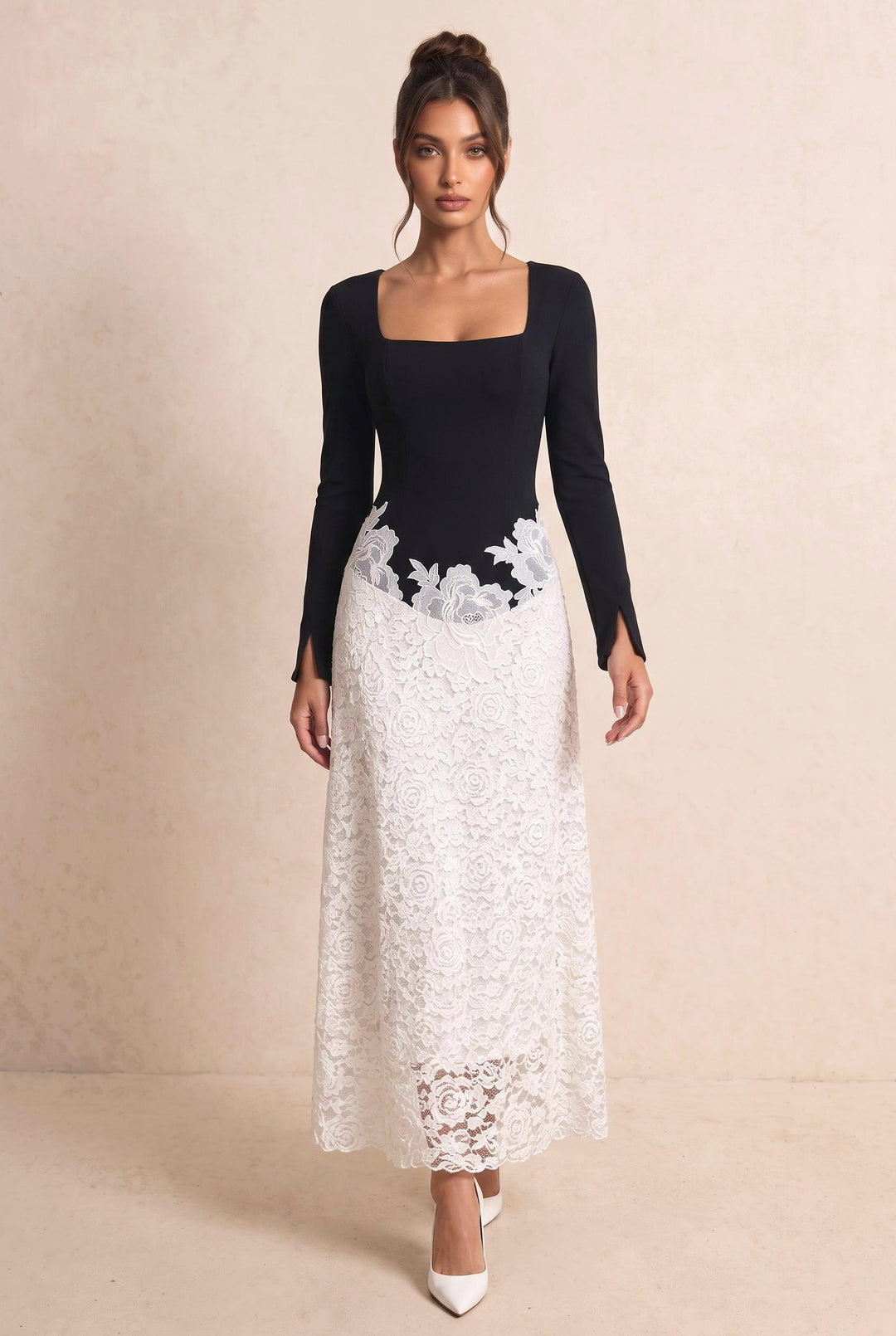 Black White Contrast Floral Lace Slim Fit Midi Dress