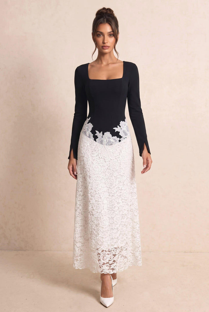 Black White Contrast Floral Lace Slim Fit Midi Dress