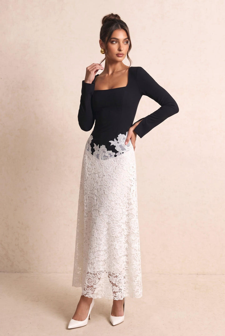 Black White Contrast Floral Lace Slim Fit Midi Dress