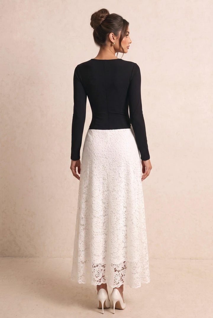 Black White Contrast Floral Lace Slim Fit Midi Dress