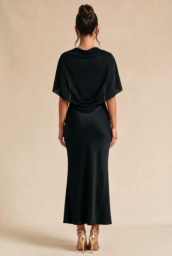 Square Neck Mesh Cape Sleeve Ruched Dress