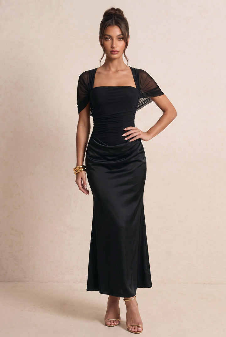 Square Neck Mesh Cape Sleeve Ruched Dress