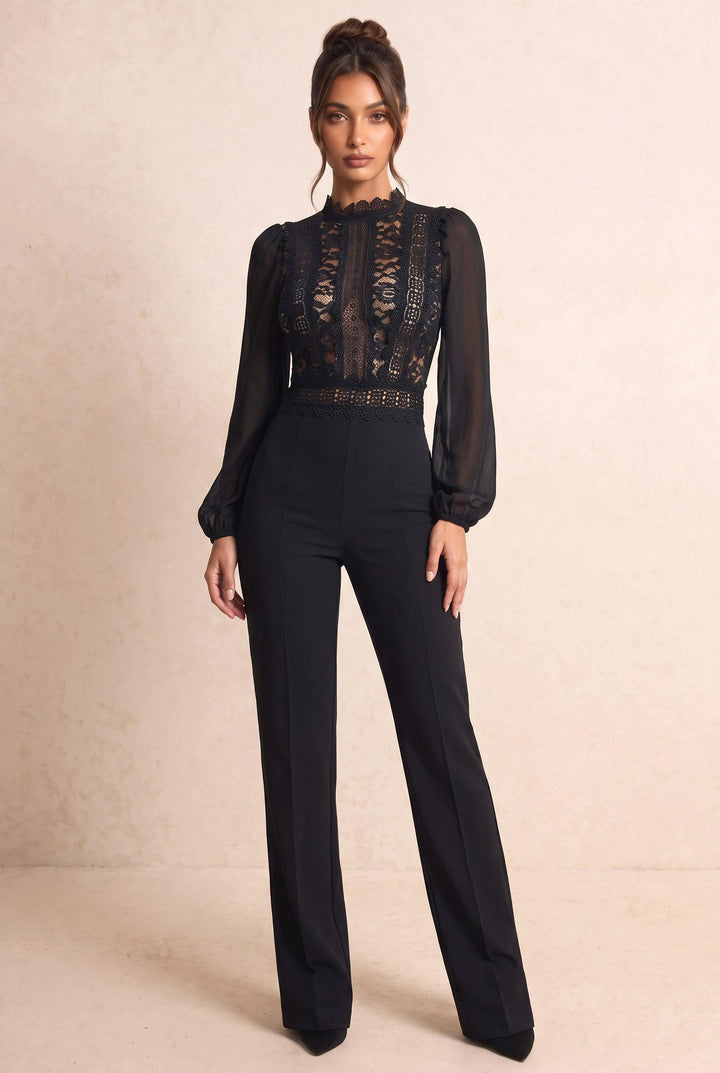 Sheer Chiffon Puff Sleeve Lace Slim Flare Jumpsuit