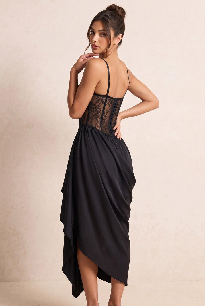 Lace Corset Draped Asymmetrical Midi Dress