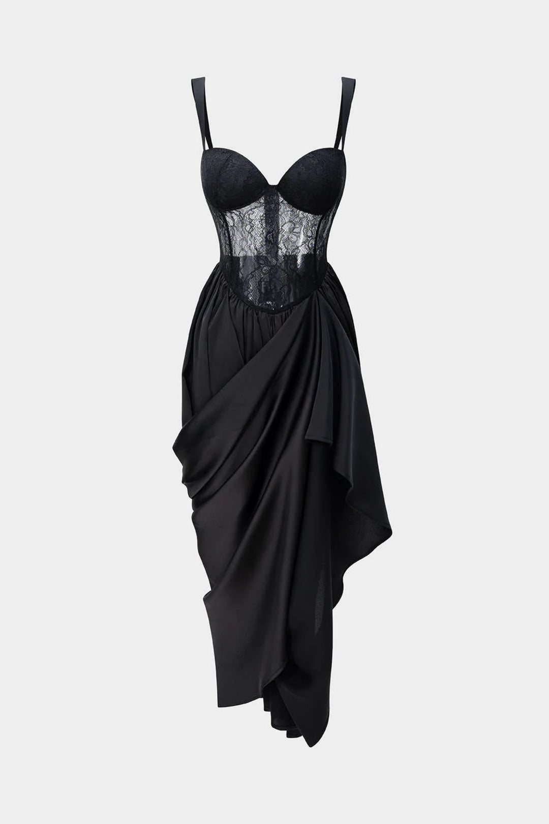 Lace Corset Draped Asymmetrical Midi Dress
