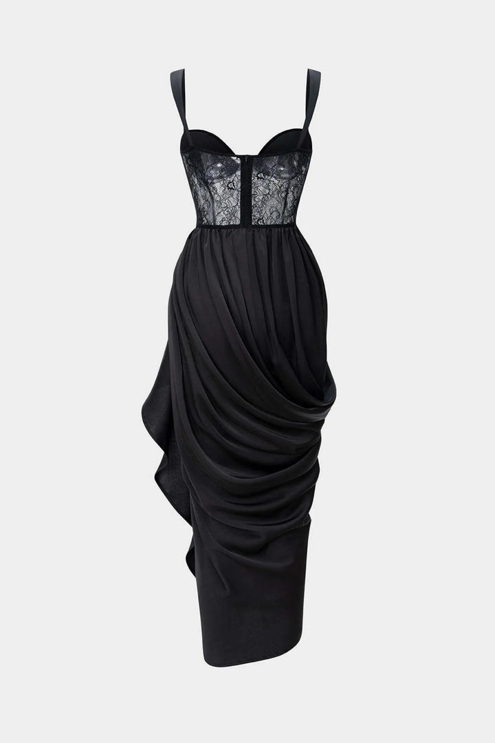 Lace Corset Draped Asymmetrical Midi Dress